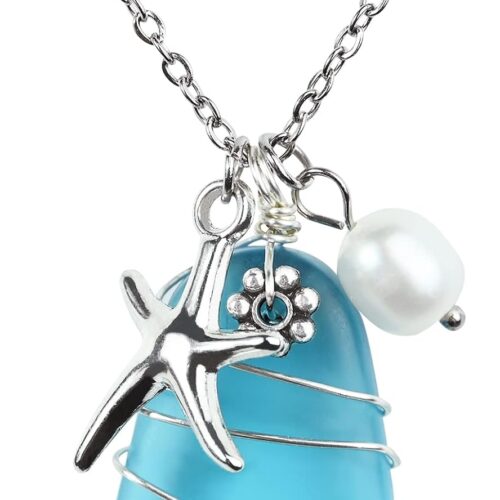 Sea glass necklace with wire wrapped beach design, handmade blue beach jewelry for women.