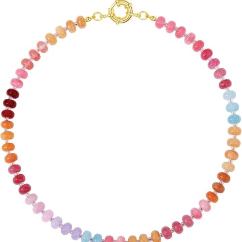 Beaded gemstone necklace for women, boho colorful bead choker with natural stone handmade summer jewelry.