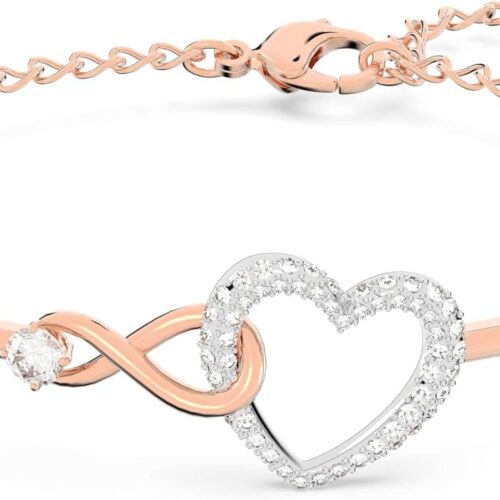 Infinity heart jewelry collection with necklaces and bracelets, rose gold and rhodium tone finish with clear crystals.