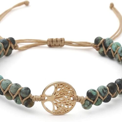 Tree of life turquoise stone bracelet for women, handmade braided layered bead design with gift box.