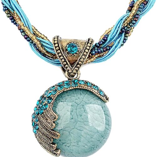 Handmade retro vintage bohemian style twist woven rope chain necklace with turquoise rhinestone pendant.