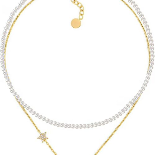 18K gold plated copper pearl necklace with luxurious letter pendant and rectangular three-dimensional design, double-layered stacked straps for fashionable women's jewelry.