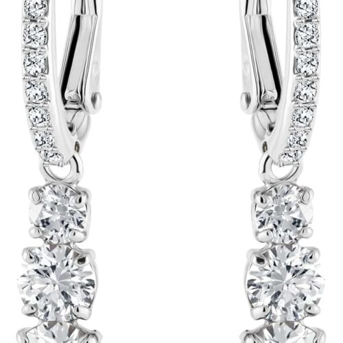 Drop pierced earrings with white crystals on rhodium plated setting with hinged closure.