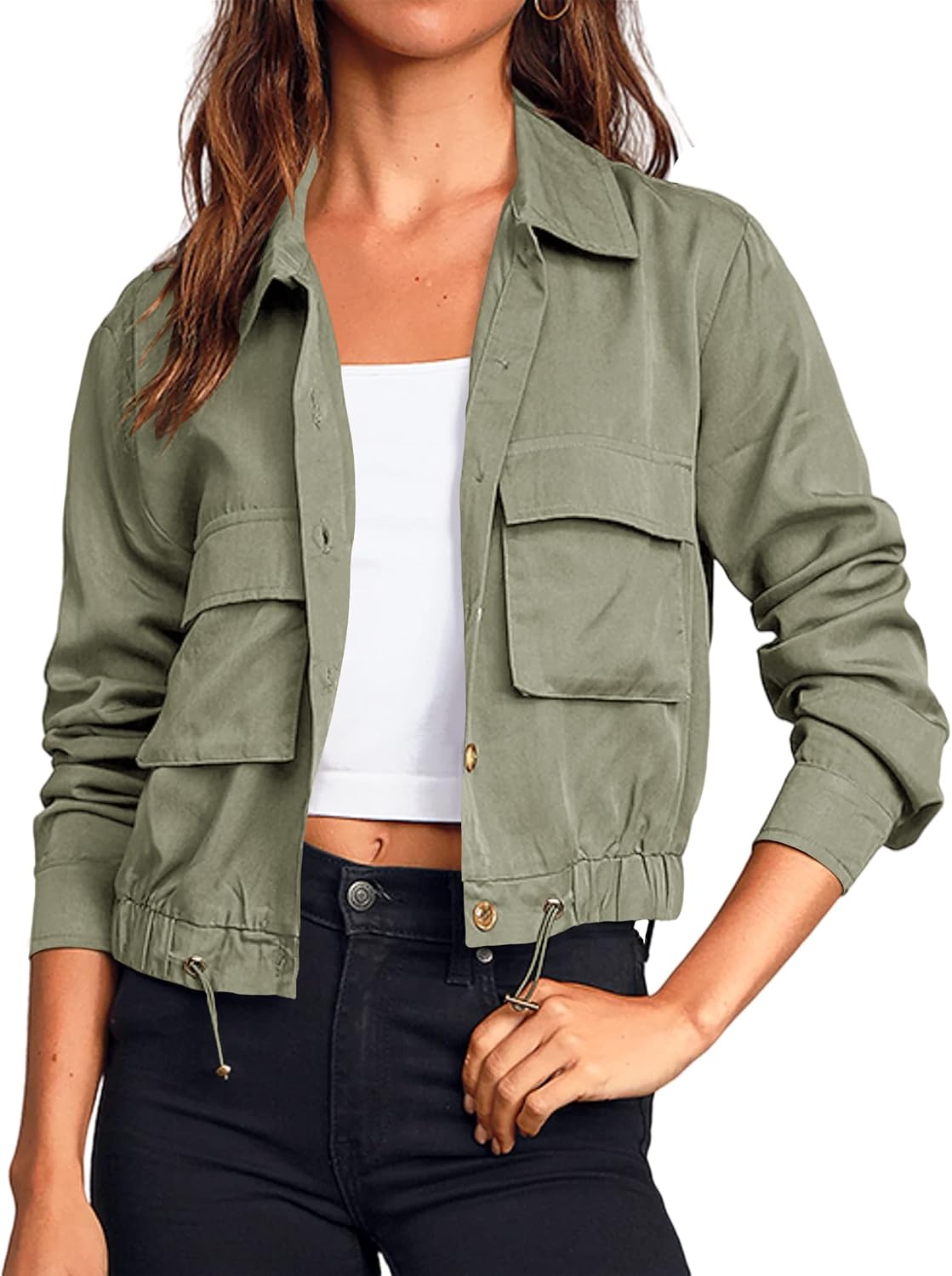 Women Military Safari Cropped Jackets Button Down Lightweight Oversized Utility Anorak Coat with Pockets