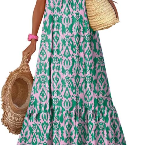Women Summer Dresses Spaghetti Strap Scoop Neck Smocked Ruffle Flowy Boho Maxi Dress