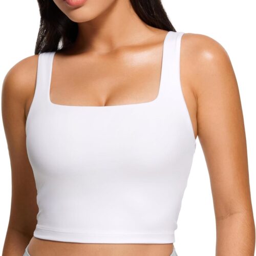 Square Neck Crop Tank Tops for Women - Workout Longline Sports Bras Padded Yoga Camisole