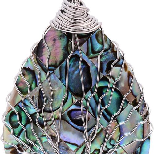 Tear drop abalone shell pendant necklace with wire wrap tree of life design, handmade fashion jewelry.