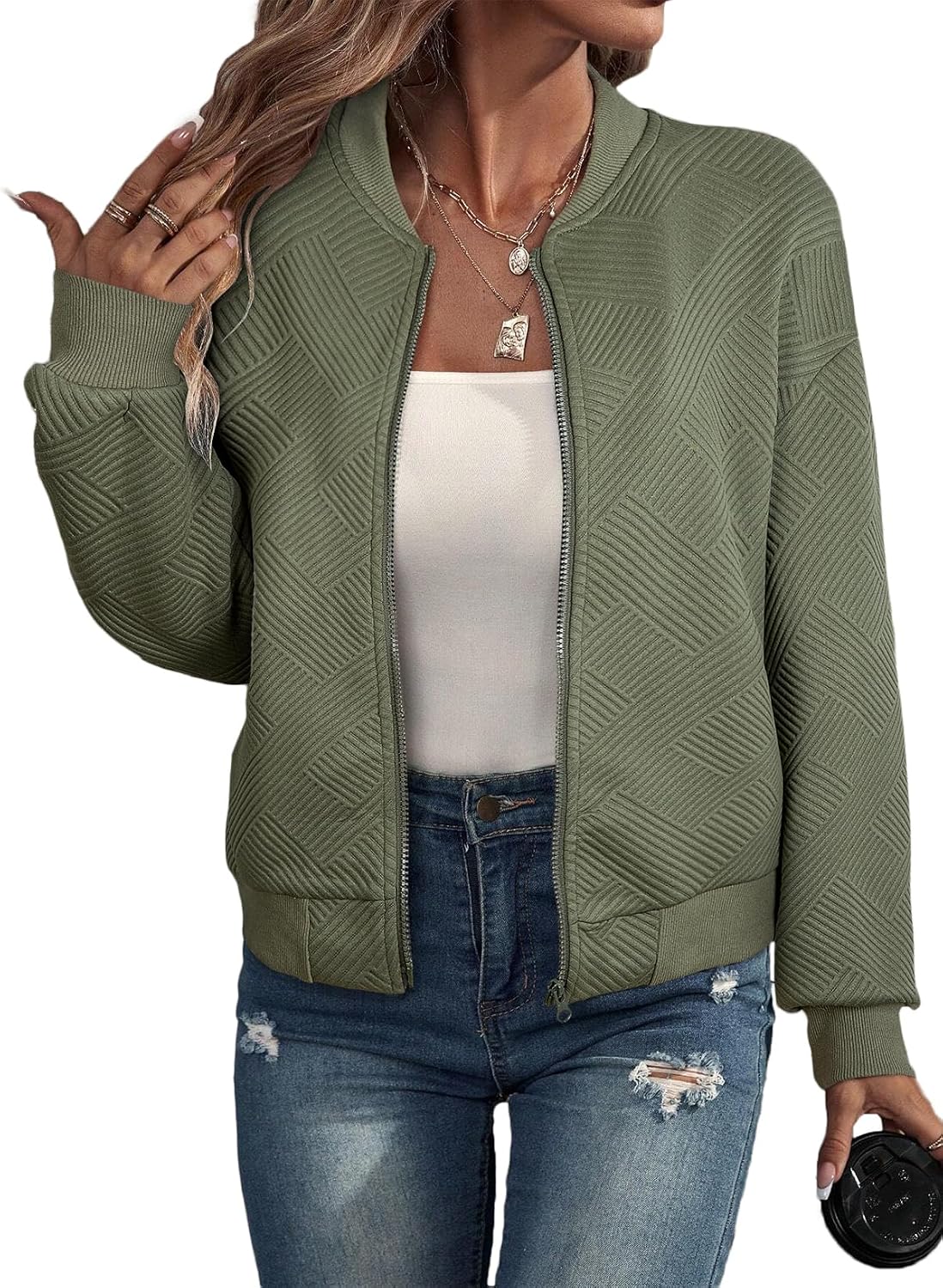 Women Coat Casual Stand Collar Zip Up Lightweight Fall Fashion Jackets Outfits with Pockets