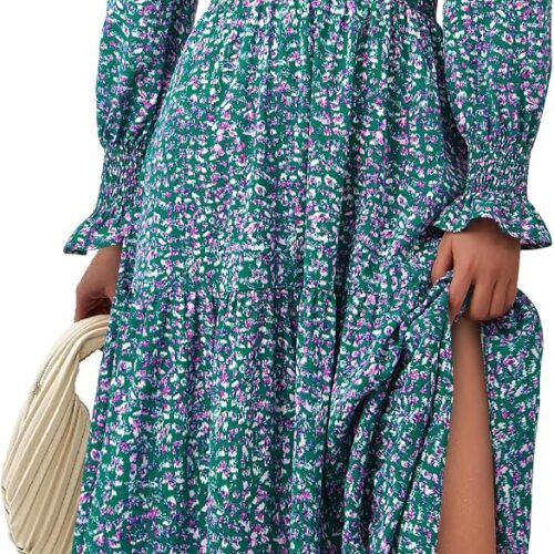 Women's Floral Maxi Dress Fall Long Sleeve V Neck A Line Long Flowy Spring Party Boho Dresses